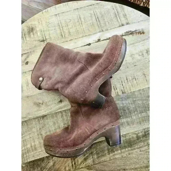 Ugg Lynnea Brown Suede Leather & Shearling Wooden Heel Clog Boots Womens 7 3204 - Picture 1 of 16